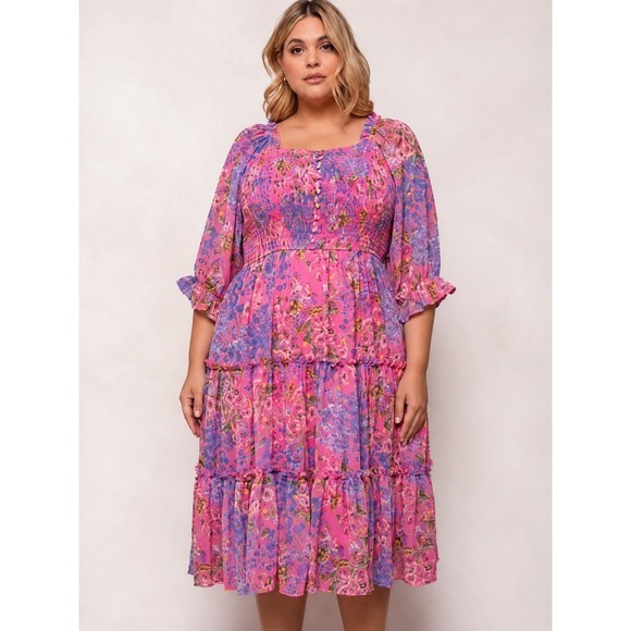 Ivy City Co Dresses & Skirts - Ivy City Co Rowan Midi Dress 1X Pink Floral Smocked Tiered Cottagecore Vacation